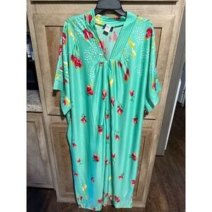 Anthony Richards Floral Caftan Dress Womens 3X Mint Green Red Yellow Lounger